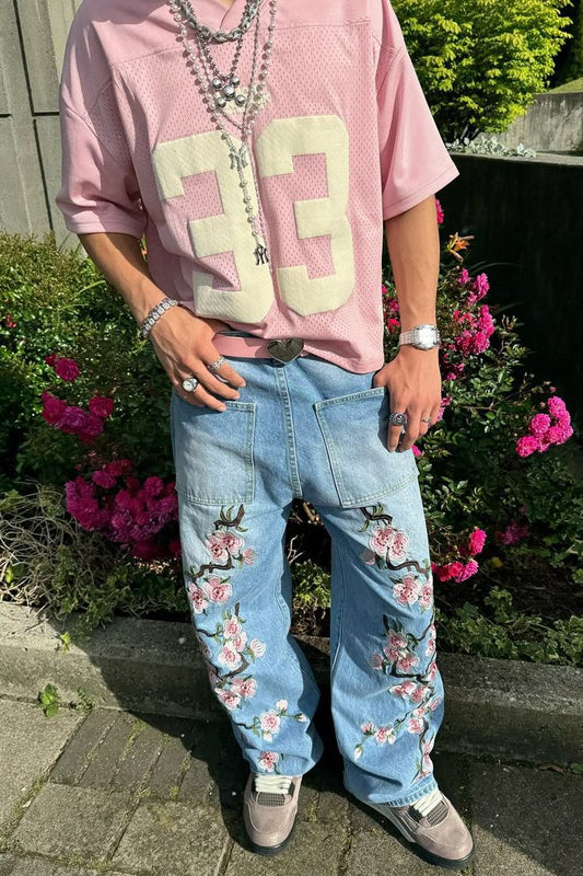 Pink Floral Print Baggy Jeans