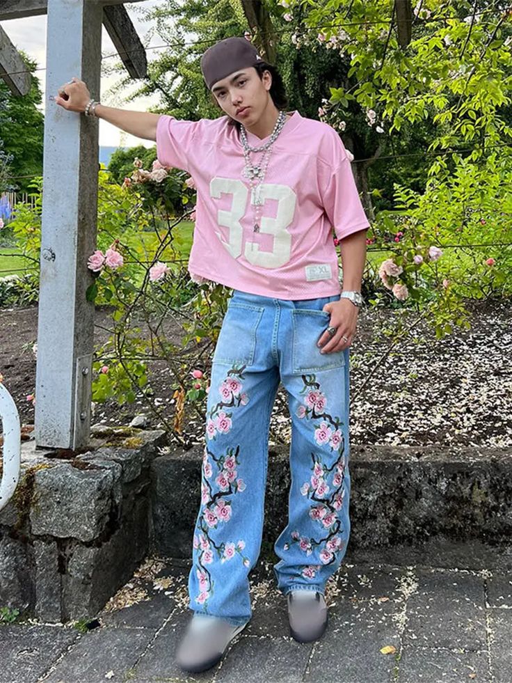 Pink Floral Print Baggy Jeans